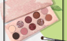 pink biodegradable sustainable palette plant-derived material packaging material green beauty eyeshadow sparkles with brush and leaves